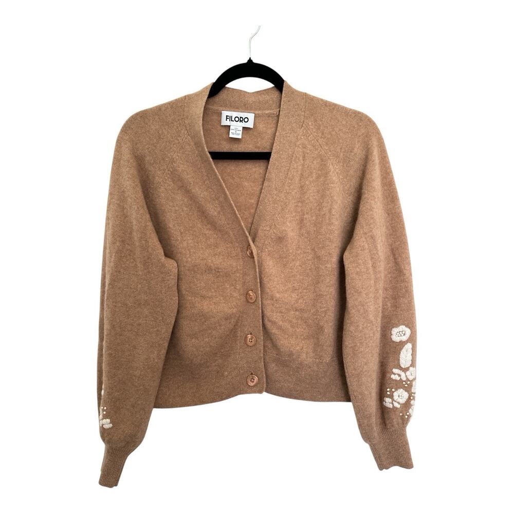 FILORO 100%Cashmere Floral Embroidered Sleeve Cardigan Sweater - Tan Camel S